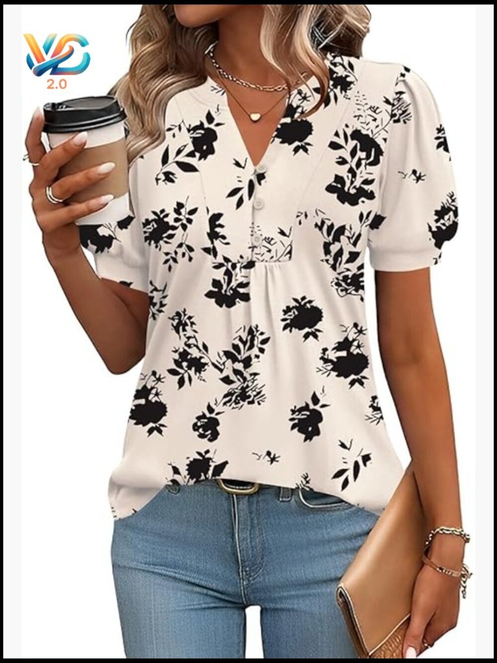 Puff Short Sleeve V-Neck Pleated Tunic Blouse Dressy Casual Loose Fit Top